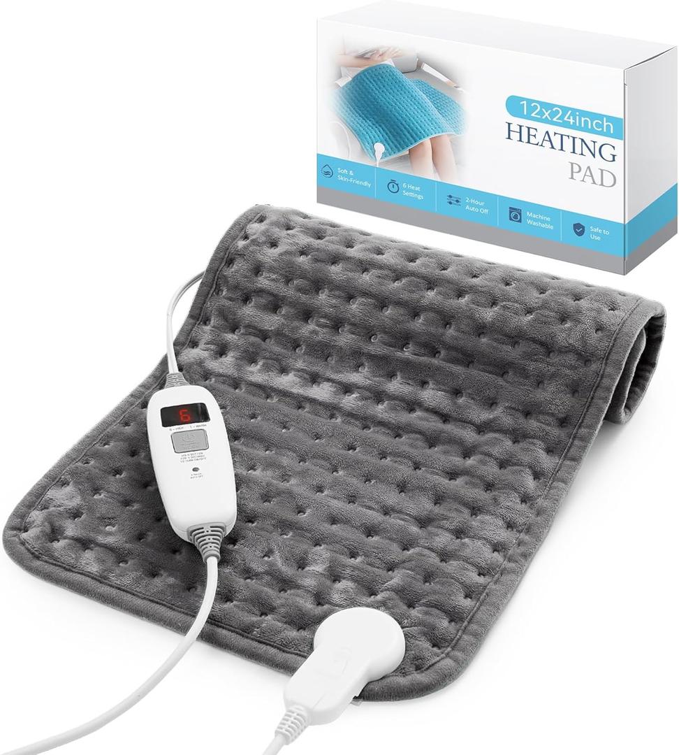 MASVIS Heating Pad for Back & Period Cramps, 24"x12" Electric Heating Pads for Neck Shoulders Body Pain Relief, Heat Pad with 2H Auto-Off, 6 Heat Settings, Fast Heat, Gift for Women Mom, Gray