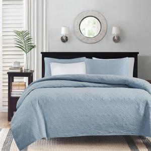 Madison Park Quebec 3-Piece Quilted King Coverlet Set - Dusty Pale Blue, Floral Pattern - King/Cal King Bed - Ideal For Warm Climate Room Decor or Extra Warmth