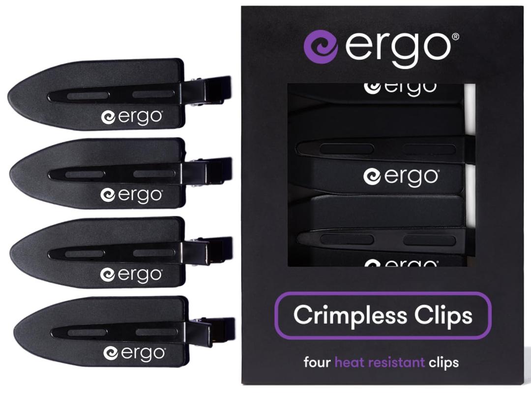 ERGO No-Crease Hair Clips 4 Pcs Heat-Resistant Crimpless Clips for Hair Styling, Sectioning, Makeup | No Bend Clips for Women, Curls, Bangs, Salon Use
