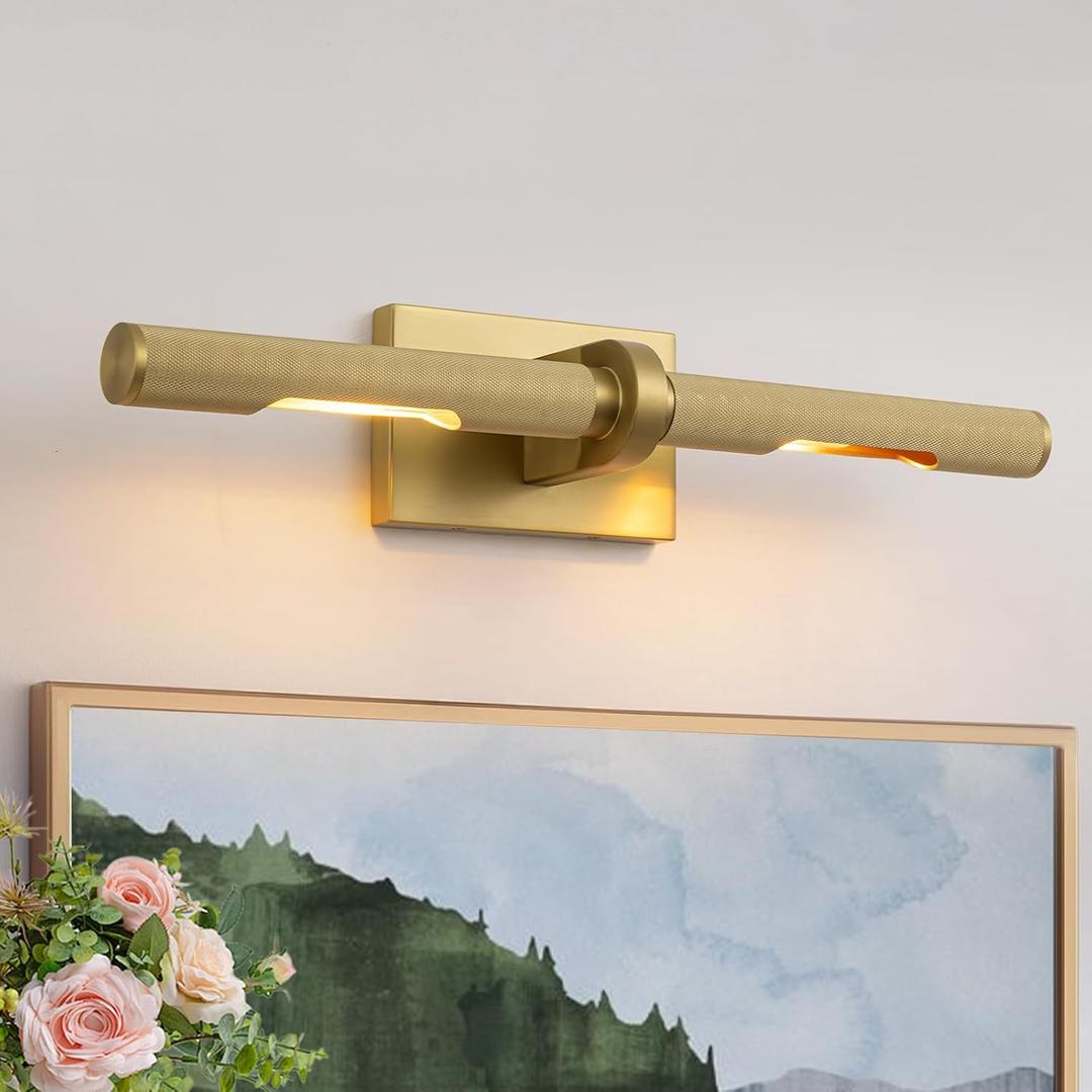2-Light Brass Picture Light 23.6" Frame Lights for Wall, Modern Gold Wall Sconces with 360 Rotating Knurled Texture Cylinder Aluminum Shade, Gallery Light for Art Pictures Display Painting