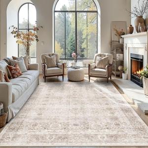 8x10 Beige Washable Area Rug Vintage Rug for Living Room Bedroom Low Pile Soft Non-Slip Boho Neutral Floral Rug for Under Table Distressed Retro Carpet for Bedroom Office Dining Room