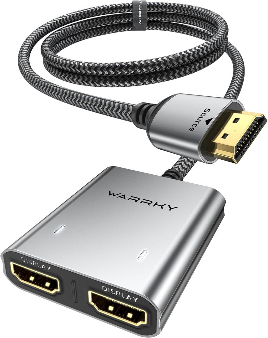 Warrky HDMI Splitter 4K, Display Mirror Same Screen Only (Not for Extended Mode), HDMI Splitter 1 in 2 Out [USB-C Powered, Metal Shell, 3.3 Ft Braided Cable], 1x2 for Dual Monitors, Grey-4K UHD