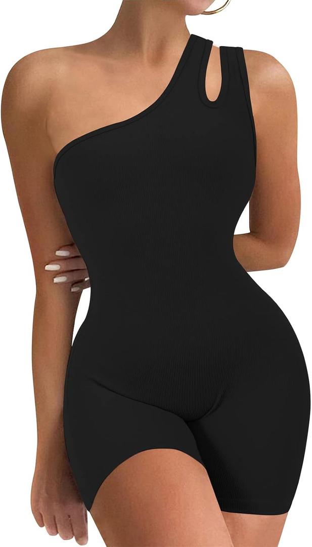 VUTRU Womens Sexy One Piece Jumpsuits One Shoulder Sleeveless Short Rompers | Ribbed Bodycon,One Shoulder Jumpsuits,Sleeveless,Two Halters,Sports Romper,Summer Outfits (Black, M)