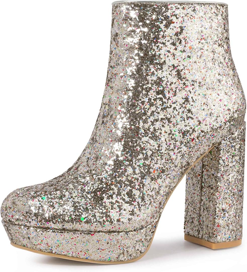 Perphy Glitter Platform Round Toe Chunky Heels Ankle Boots for Women (7.5, Silver)
