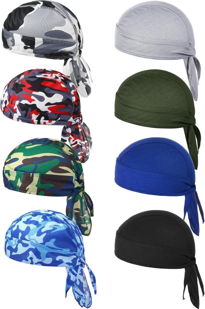 Foaincore 8 Pack Do Rag Skull Caps for Men Sweat Wicking Doo Rags Cooling Helmet Liner Cycling Motorcycle Bandana (Army Green)