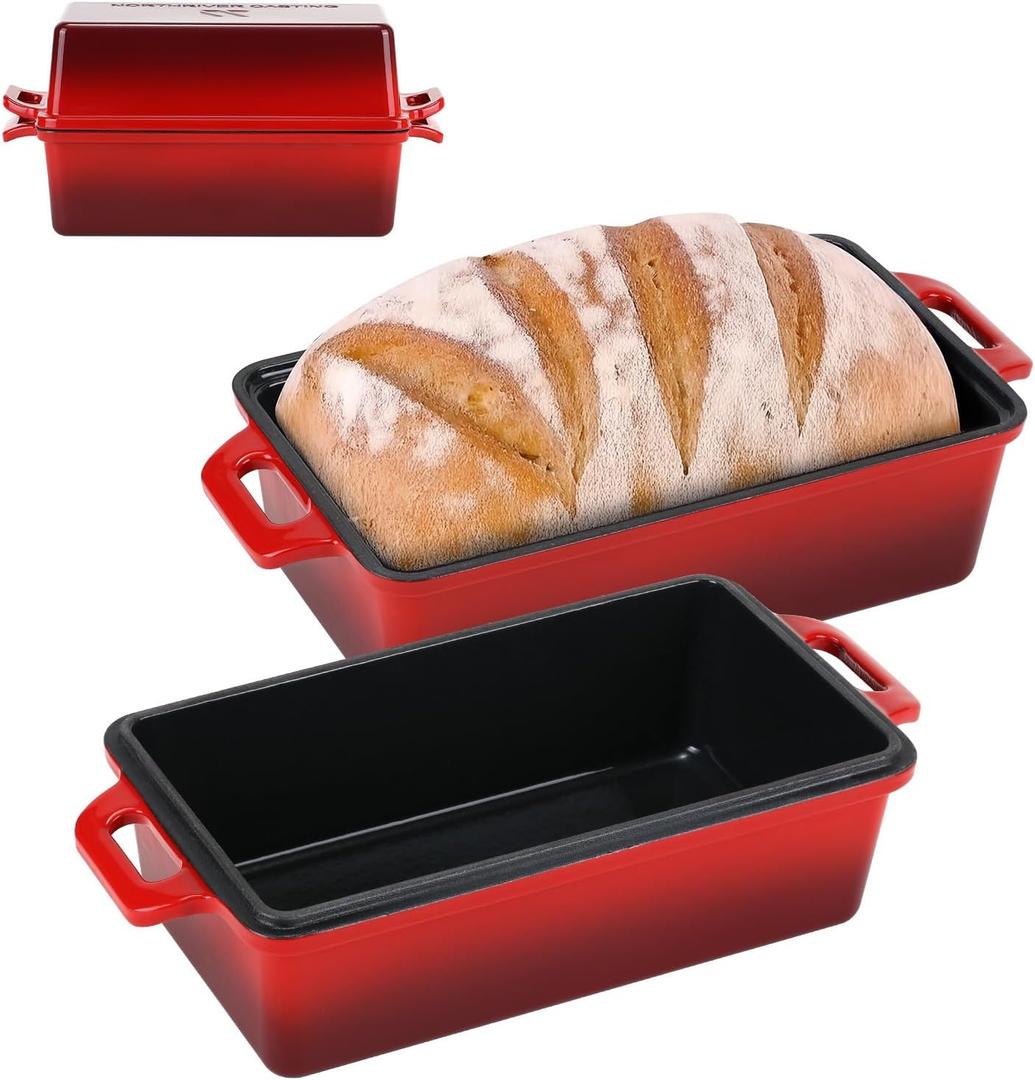 9x5 Inch Enameled Cast Iron Loaf Pan with Lid, Perfect Bread Baking Pan | Even Heat Distribution for Homemade Bread, Cake, Meatloaf2 Piece setRed (Cerise1)