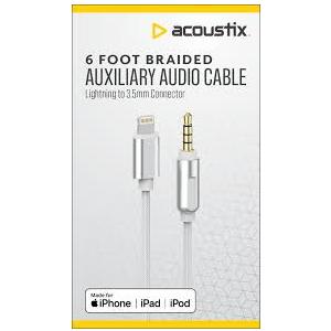 Acoustix Foot Braided Auxiliary Audio Cable Lightning To 3.5 mm Connector, 6 ft, White
