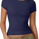 QINSEN Women's Crew Neck Short Sleeve Tees Double Lined Slim Fit T Shirt Basic Y2K Tops (Navy)