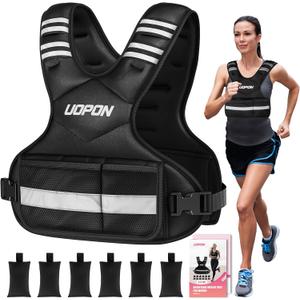 Adjustable Weighted Vest Women Men, 6-12 Lb/10-19 Lb/20-32 Lb Rucking Vest with 6 Ironsand Weights, Great Vest with Plus Pockets & Reflective Strips for Running, Walking, Workout and Strength Training (Black)