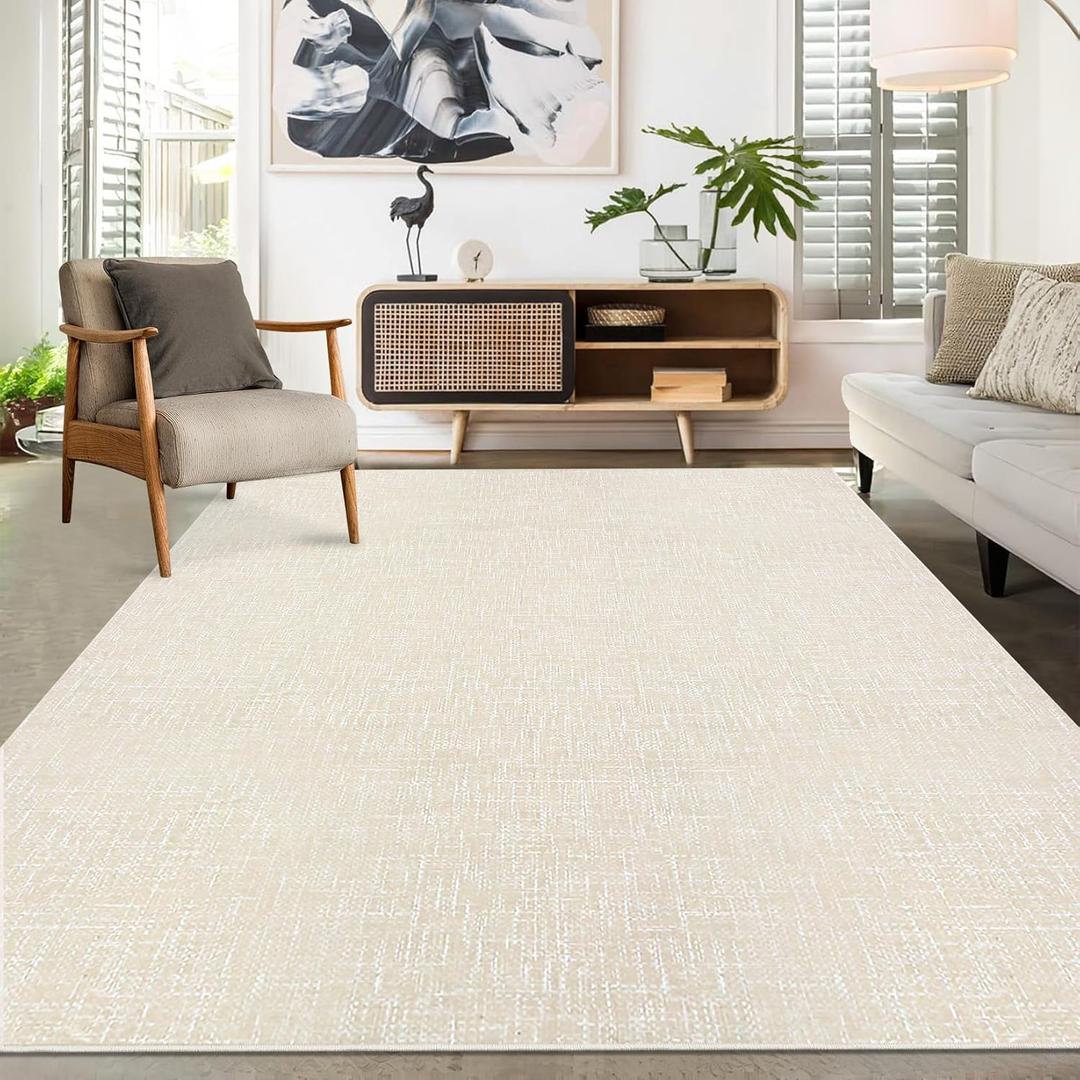 Living Room Area Rug 9x12 Machine Washable Rug Non-Slip Stain Resistant Modern Abstract Bedroom Rug Contemporary Throw Floor Carpet for Dining Room Solid Area Rug for Home Office, Cream