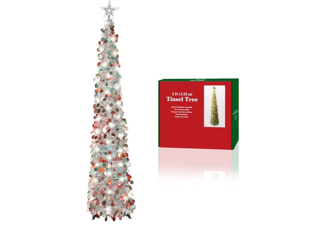 5FT Pop Up Christmas Tinsel Tree with 2 Modes 50 LED Lights and Colorful Sequins Ornaments, Easy-Assemble and Store for Xmas Home Holiday Fireplace Party Decorations