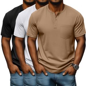 Neer  Pack Men's Big and Tall Henley T-Shirts, Short Sleeve Cotton Pocket Oversized Tops Casual Summer Soft Loose Basic Tees(Black, Khaki,3X-Large)