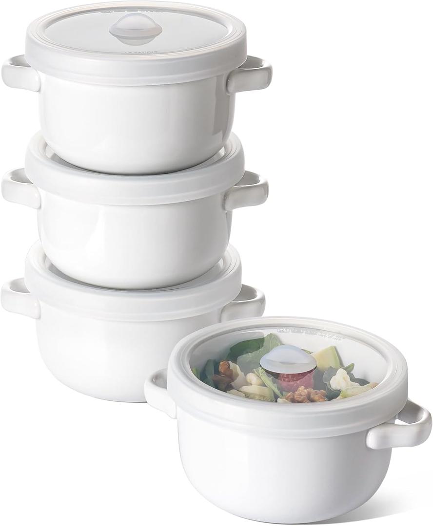 LE TAUCI Soup Bowls With Handles 28 oz and Silicone Lids, French Onion Soup Bowl for Chili, Beef Stew, Cereal, Ceramic Soup Crocks oven Safe, Microwave Dishwasher Safe - 5.5 inch, Set of 4, White