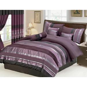 Grand Linen 7 Piece Oversize Eggplant Purple Black Silver Stripe Chenille Comforter Set 106" X 94" King Size Bedding
