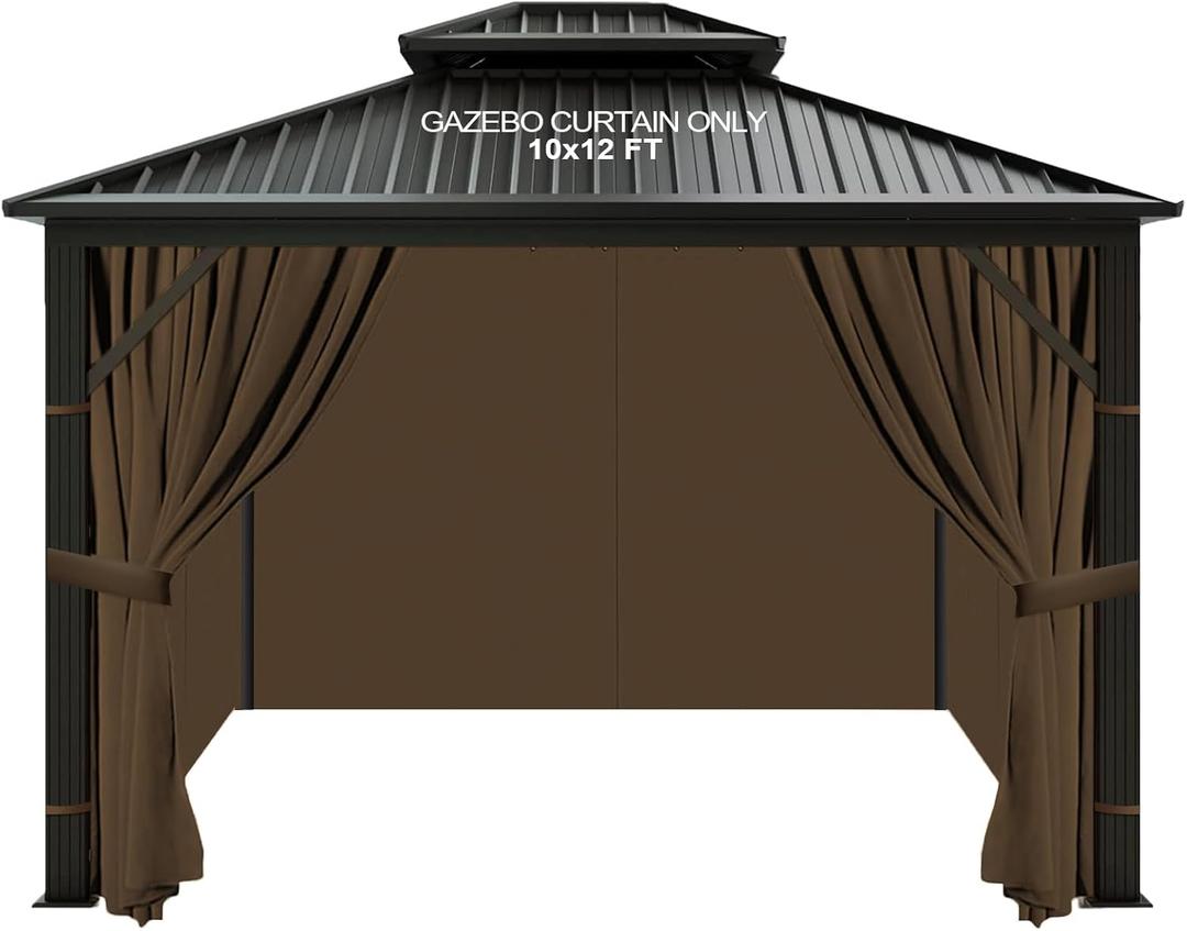 slashome 10'x12' Outdoor Gazebo Curtains Waterproof, Brown Universal Replacement Curtain 4Panels, Sidewalls with Zipper for Garden, Patio, Yard (Only Curtains)