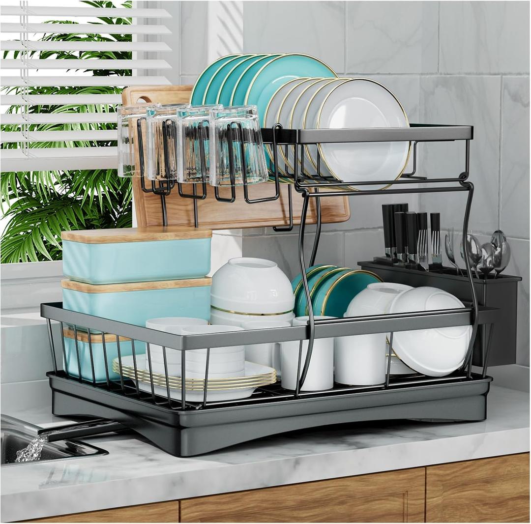 7 ode Large Dish Drying Rack for Kitchen Counter, Detachable Large Capacity Dish Drainer Organizer, 2-Tier Dish Racks with Utensil Holder, Black
