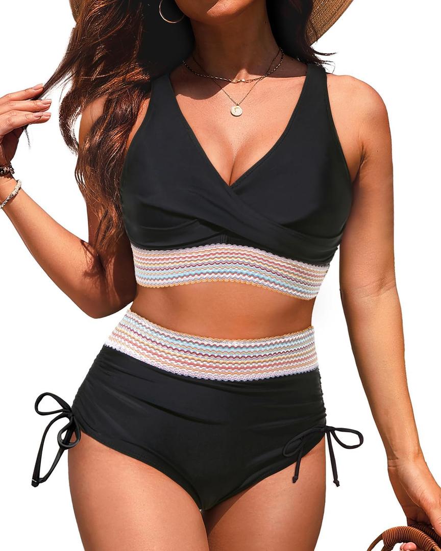 Aqua Eve Women High Waisted Bikini Twist Front Swimsuits Lace up Bikini Tops Ruched Push up 2 Piece Bathing Suits (Small, Woven Strap - Black)
