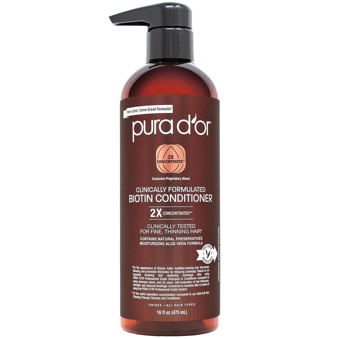 PURA D'OR 16 Oz Clinically Formulated Biotin Conditioner - Daily Hair Care Routine For Thinning Hair - 2X Concentrated Herbal Blend Hair Thickening Products For Women & Men