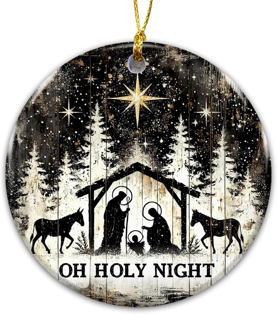 3 x Oh Holy Night Nativity Ornament 2025  Gift for Congregation, Rustic Christian Dcor Featuring Manger Scene with Baby Jesus, Mary, Joseph, Star of Bethlehem, Religious Keepsake for Faith-Based
