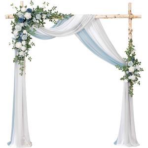 Ling's moment Artificial Wedding Arch Flowers with Drapes Kit-Pack of 5, 2pcs Flower Arrangements 3pcs Hanging Sheer Drapes Sage Ceremony Arbor Backdrop Rose Floral Decorations, Dusty Blue