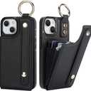 Folosu for iPhone 13/14 Wallet Case with Card Holder, Hand Wrist Strap Loop Holder Kickstand, RFID Blocking Finger Grip Ring PU Leather Double Buttons Shockproof Cover 6.1" Black