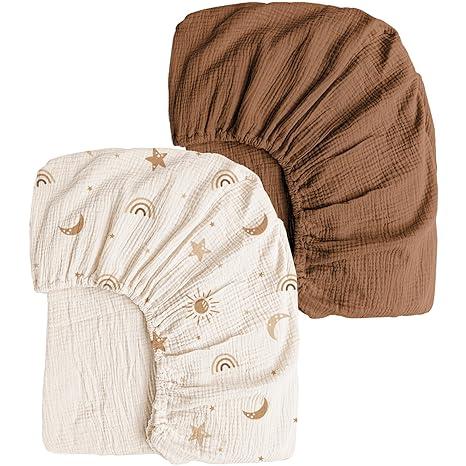 Baby Crib Sheets 2 PCS, 100% Organic Cotton Crib Sheet for Standard Crib Mattress(52”x 28”), Fitted and Soft Breathable Muslin Crib Mattress Sheet for Girl and Boy (Sun, Brown)