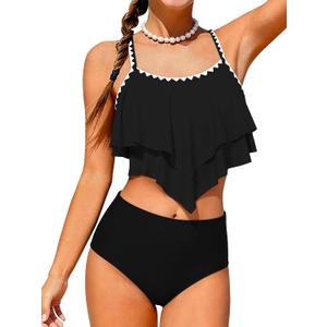AMAWMW Girls Swimsuit 2 Piece Bikini Set Tiered Ruffled Bathing Suit Two Piece Girls' Swimwear with Adjustable Straps, Size 13-14Y (Black)