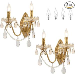Ondersley Crystal Wall Sconce Set of 2, Crystal Wall sconces, Vintage Wall sconces, Gold Brass Finish with Glass Drops, for Bedroom Living Room Bathroom Vanity Mirror Light Fixtures