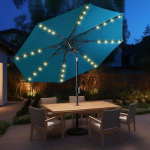 9ft Solar Patio Umbrella - Solar Lights LED Lighted Outdoor Market Table Umbrella, UPF50+ UV Protection with Push Button Tilt, Crank for Pool Deck and Garden (Forest Blue)