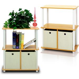 Furinno TURN-N-TUBE Storage Shelves Set of 2, 3-Tier Toolless Book Shelf with Storage Bins, Display Shelf, for Organization and Storage, Living Room, Garage, Home Office, Beech