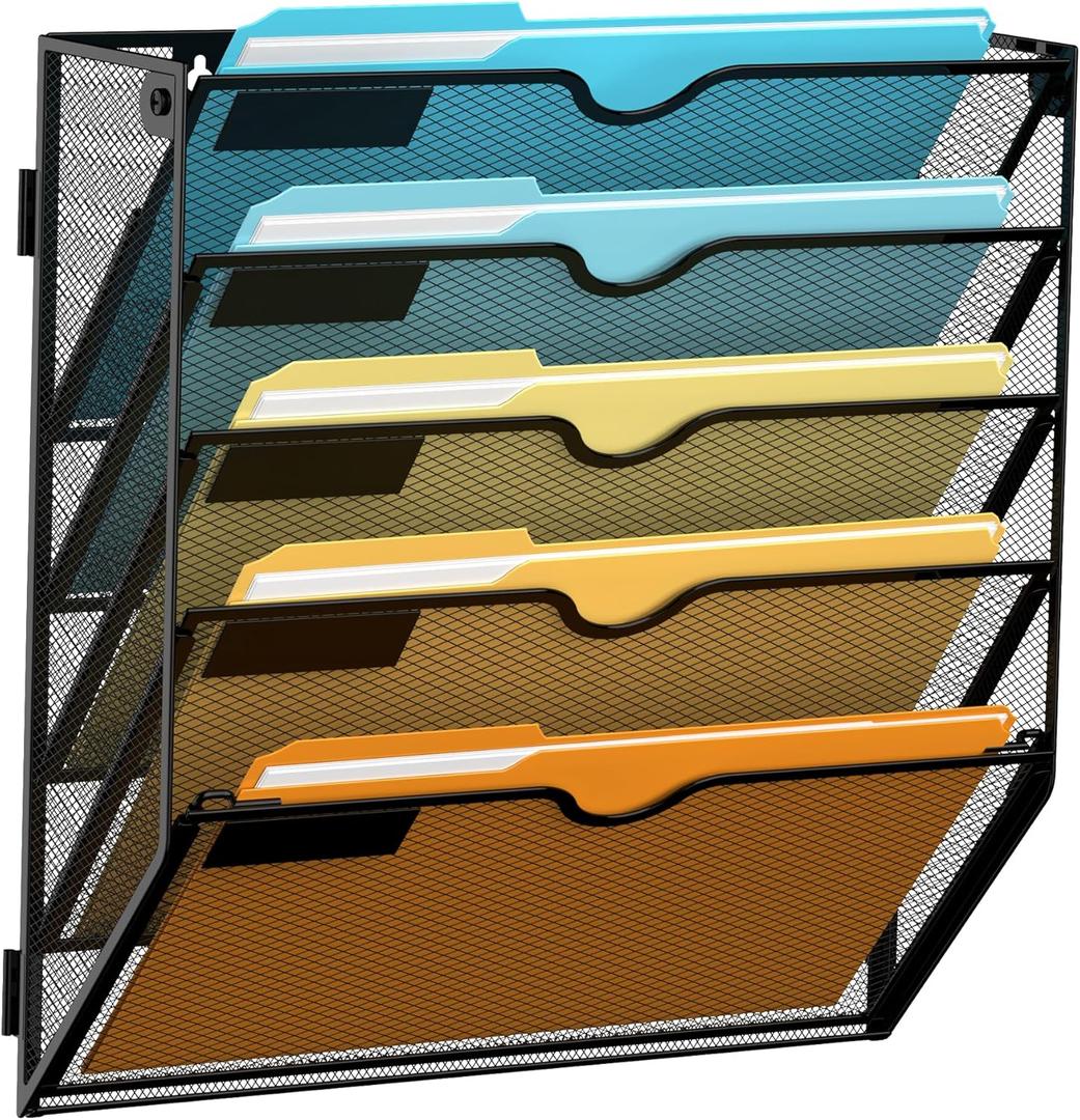 SUPEASY Wall File Organizer Mesh Office Mail Holder, Hanging Wall Organizer Magazine Rack for Office Black, 5 Tier