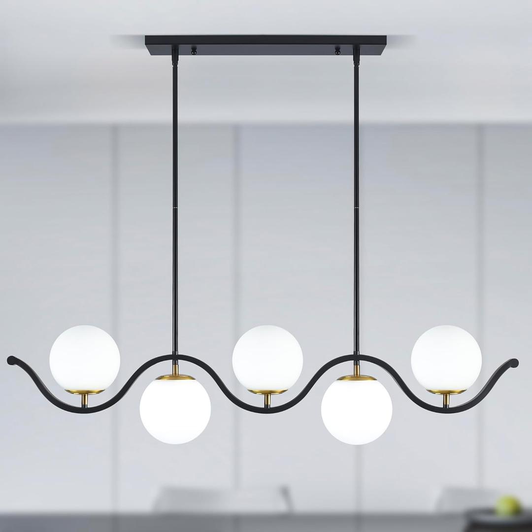 42" Kitchen Island Lighting Dining Room Light Fixture 5-Light Black Gold Glass Globe Chandeliers Modern Pendant Light Fixtures for Living Room Dining (bend rod - 5 light)