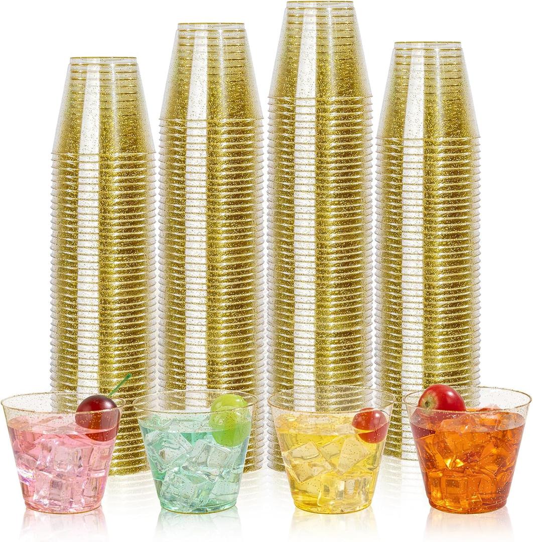 I00000 5oz 100 Pack Gold Glitter Plastic Cups, Glitter Disposable Small Plastic Cups, Disposable Clear Cup with Gold Glitter Shot Glasses, Small Tumbler Perfect for Wedding & Party