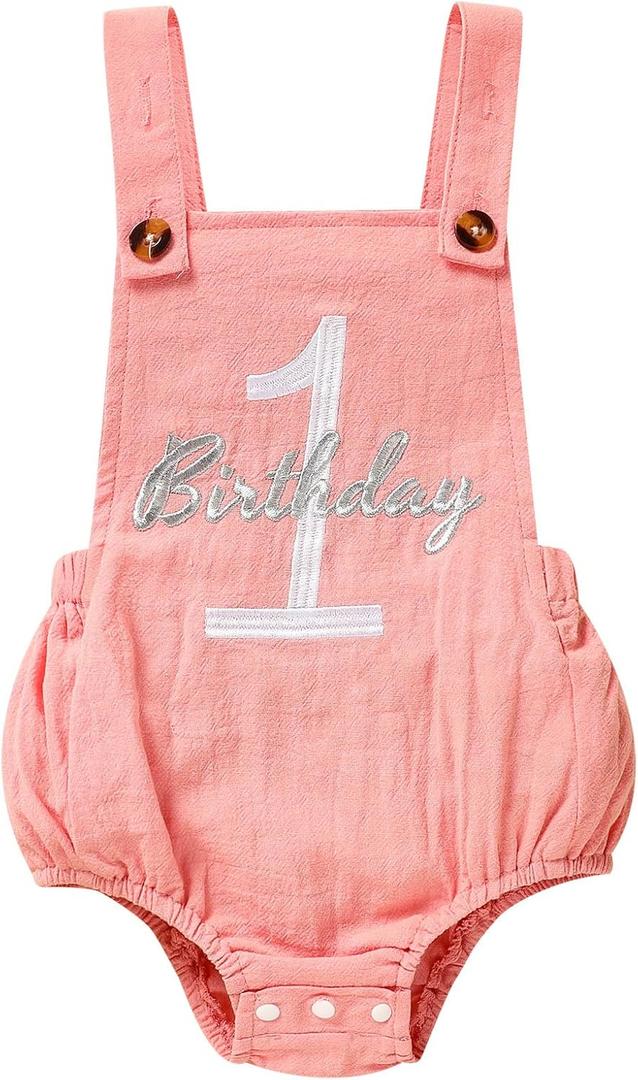 Baby Boys Girls 1st Birthday Romper Baby First Birthday Outfit Boy Solid Color Jumpsuit Cake Smash Outfit (Pink), 12-18 Months