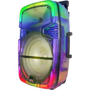 QFX 15" Portable Rechargable Bluetooth PA Karaoke Loud Party Speaker up to 5 Hour Playtime | Bluetooth 5.3, TWS, USB Port, TF, AUX, FM Radio, 360 Degree Translucent Motion Party Lights | TMS-1553
