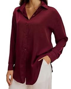 Top Women Button Down Shirts Loose Acetate Blouse Womens Long Sleeves Lightweight for Office Party Casual,One Size, Red