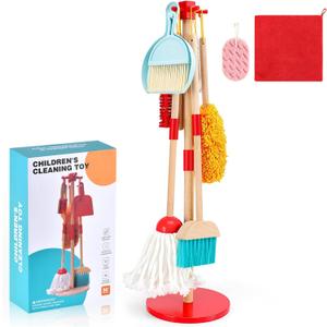 WHOHOLL Wooden Kids Cleaning Toy Set Toddler Broom and Dustpan Set for Housekeeping 9 Pcs Broom and Mop Set for Toddlers 3-5, Baby Cleaning Toys with Sponge, Birthday Gifts for Boys and Girls