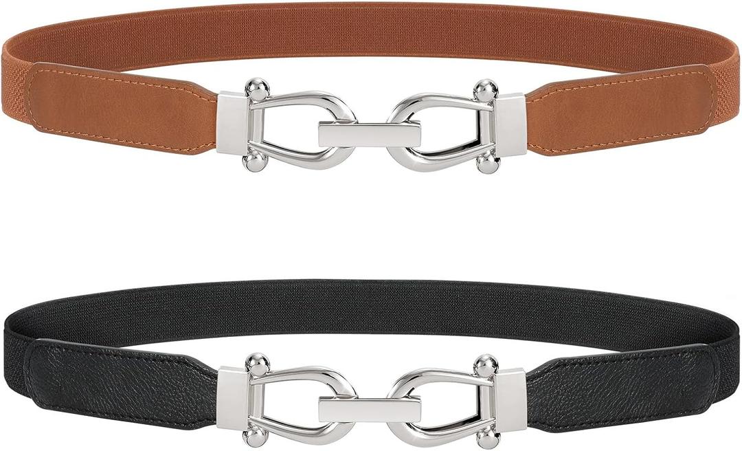 JASGOOD Women Stretchy Waist Belt Retro Elastic Skinny Belt for Ladies with Gold Buckle (M Belt Length 31in,Up to 35in, F-silver Buckle Black+brown)