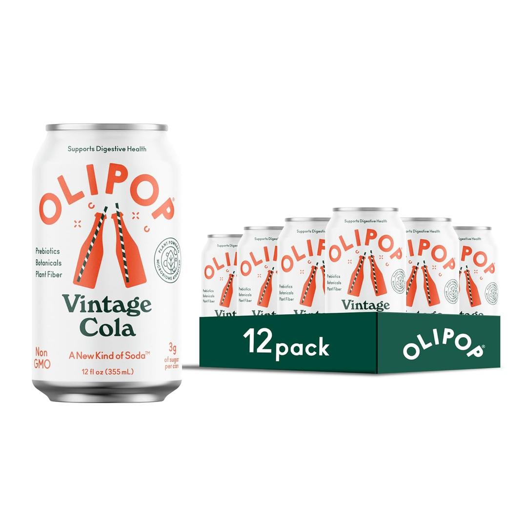 OLIPOP Prebiotic Soda Pop, Vintage Cola, Pantry Pack Packed with Prebiotics, Fiber, and Botanicals, Gluten Free, Vegan, GMO Free, 12oz (12-Cans)