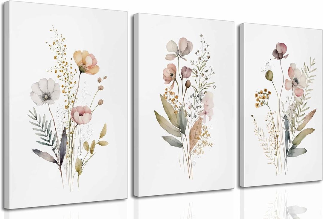 3Pcs Watercolor Wildflower Canvas Wall Art Modern Minimalist Colorful Botanical Floral Painting Picture Wall Decor Flower Posters Print Artwork for Living Room Bedroom Woman's room Home Decoration (24L" x 16W")