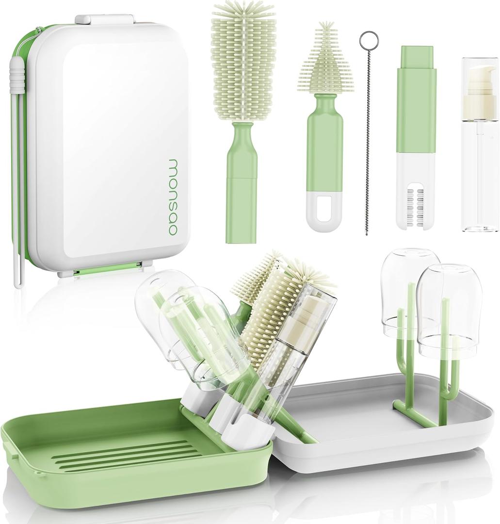 Baby Bottle Brush Set with Drying Rack, Portable Silicone Bottle Cleaner Kit for Bottles, Nipples and Straws, Travel Storage Box for Home and On-The-Go UseGreen