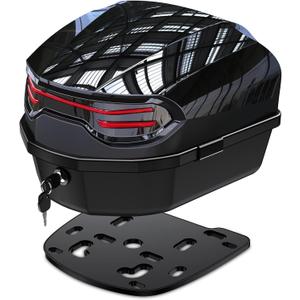 35L Motorcycle Top Case, Motorcycle Daily Tail Box Trunk Lockable Storage Carrier Plastic Waterproof Moto Top Box with Contoured Plastic Backrest Universal Mounting for Helmet Luggage - Black
