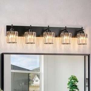 Black Crystal Bathroom Vanity Lights, Modern 5-Lights Bathroom Lighting Fixtures Over Mirror, Crystal Wall Lighting with Round Shade