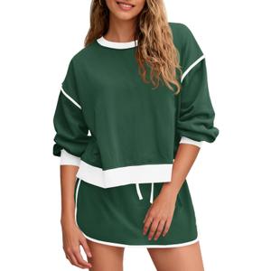 Fisoew Womens Sweatsuits 2 Piece Set Crewneck Sweatshirts High Waisted Skort Skirts Tennis Running Tracksuits Shorts Sets (Medium, Green)