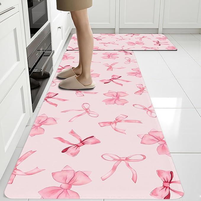 Bow Rugs for Kitchen Floor, 2PCS Anti Fatigue Pink Bow Mats for Kitchen Floor Rubber Non Slip, Washable Cushioned Bowknot Carpet Rug for Sink Laundry Gifts for Christmas 15.7"×27.5" +15.7"×47" 3.5mm