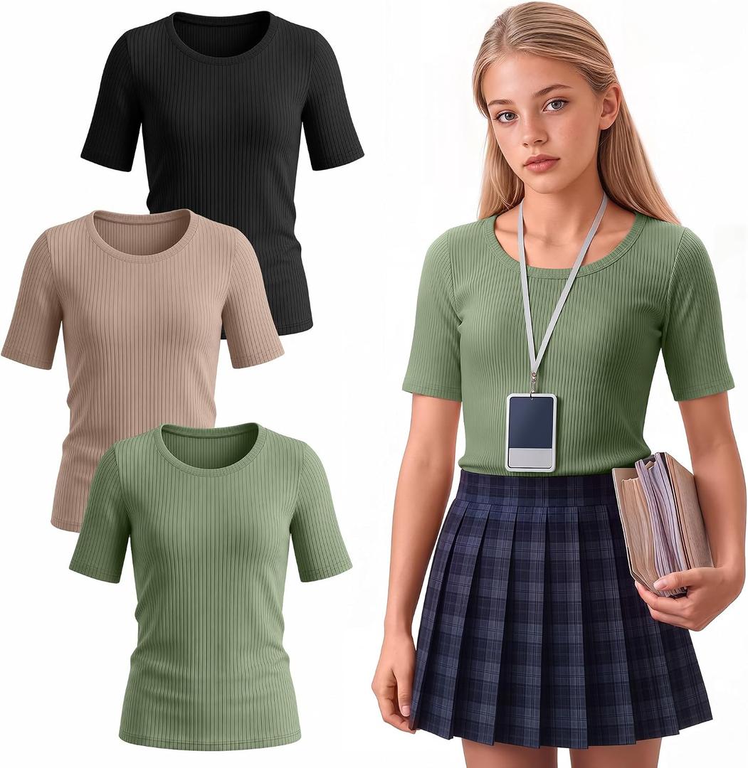 3 Pack Girls Ribbed T-Shirts | Short Sleeve, Crewneck, Slim Fit, Stretchy, Soft, Athletic, Basic Tees, Summer, Kids 5-14 Years