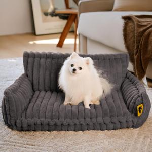 FUNNY FUZZY Dog Bed for Small Dogs - Orthopedic Dog Sofa, Fluffy Puppy Beds with Removable Washable Cover, Supportive Foam Pet Couch Bed - Snoozy Dream, Dark Grey, L