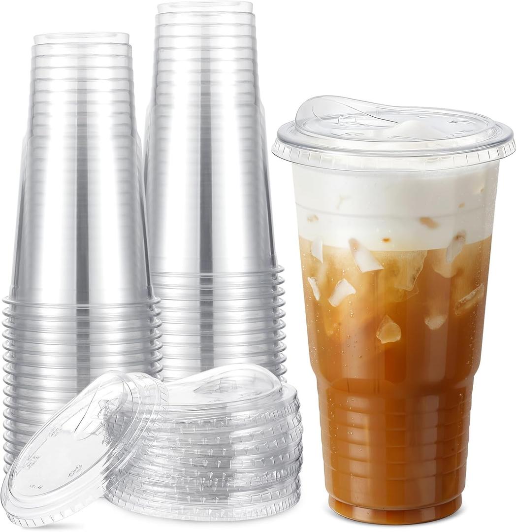 FoldTier 50 Pack 32 oz Clear Plastic Cups with Strawless Sip Lids, Oversized Iced Coffee Cups with Lids for Coffee, Tea, Milkshake, Smoothie, Cold Drinks, Party and Wedding, Event