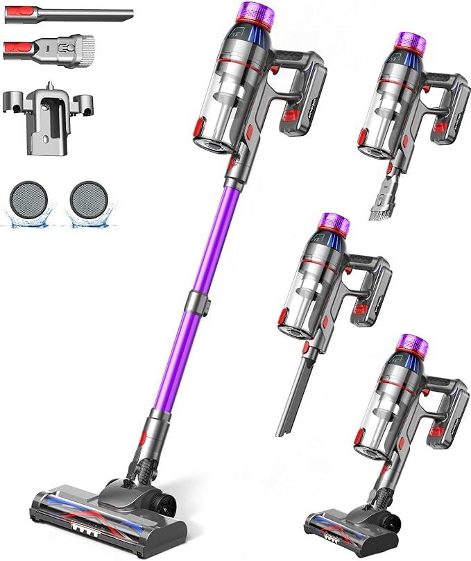 Cordless Stick Vacuum Cleaner - 550W Powerful Cordless Vacuum with HEPA Filter, Up to 50min Runtime & Tangle-Free Lightweight & Detachable Battery for Pet Hair Carpet Hardwood Floor Cleaning