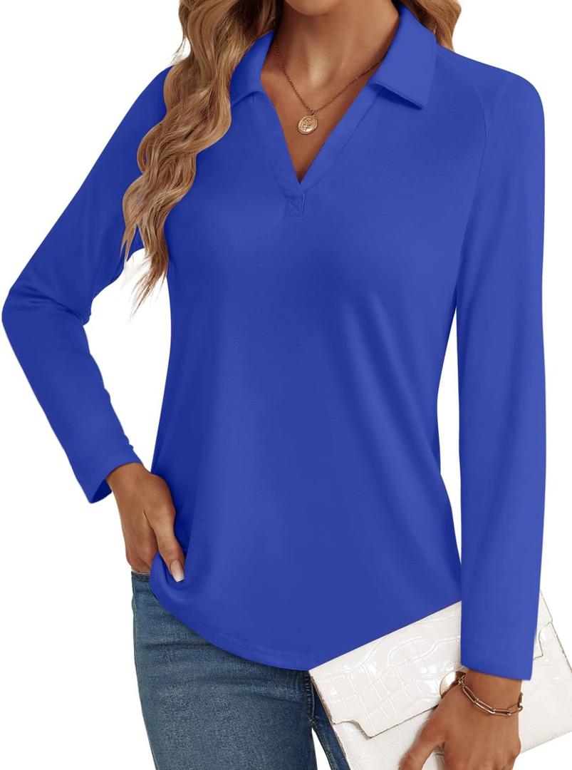 3/4 Length Sleeve Womens Tops Dressy Casual V Neck Polo Shirts Business Work Blouses 2025 Trendy Tunic Top (X-Large, Long Sleeve Royal Blue)